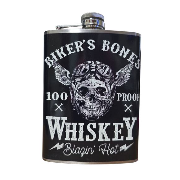 Biker Skull Flask 8oz Stainless Steel Motorcycle Hip Liquor Flask Gift for Men - Picture 1 of 4
